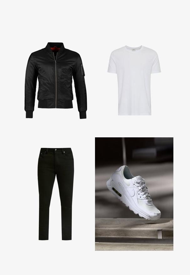 Sort bomberjakke lavet af skinnende nylon med frontlynlås, ribbede manchetter og en lynlåslomme på venstre ærme. Indersiden er lys rød.; Plain hvid kortærmet t-shirt med rund hals, vist på en hvid baggrund, med et lille nakke-label, der viser mærket “Solid”.; Sorte denim jeans med slim fit, med et klassisk fem-lomme design, metalknap lukning og diskrete syninger.; Hvide Nike Air Max 90 sneakers med en overdel i mesh og læder, perforeret tåboks og en synlig luftenhed i hælen.