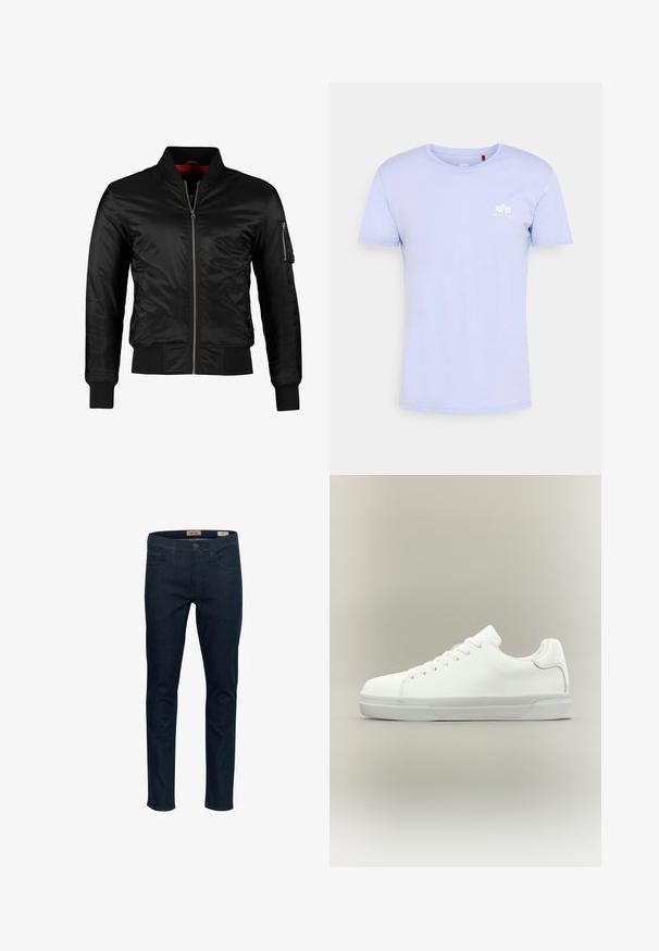 Veste bomber noire en nylon brillant avec une fermeture éclair à l'avant, des poignets côtelés et une poche zippée sur la manche gauche. L'intérieur est de couleur rouge vif.; T-shirt en coton violet clair avec un col rond, des manches courtes et un petit logo blanc sur le côté gauche. Texture lisse, design décontracté.; Jean en denim bleu foncé avec une coupe slim, cinq poches et une fermeture à bouton à l'avant. Présente des coutures discrètes et une texture lisse.; Baskets basses blanches à lacets, doté d'un col rembourré et d'une semelle en caoutchouc texturée, présentées de profil sur un fond neutre.