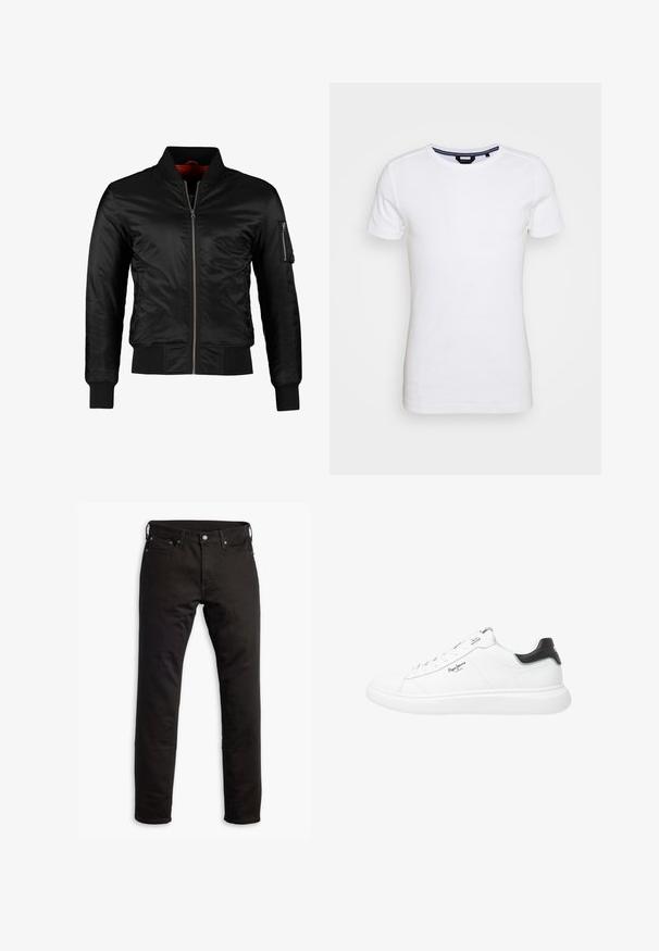 Schwarze Bomberjacke aus glänzendem Nylon mit einem Frontreißverschluss, gerippten Bündchen und einer Reißverschlusstasche am linken Ärmel. Das Innenfutter ist leuchtend rot.; Lindbergh T-Shirt basic - white; Schwarze Denim-Jeans mit geradem Bein, Fronttaschen und Knopfverschluss. Der Stoff hat eine glatte Textur und minimale Details.; Weiße niedrige Sneakers aus Leder mit glänzender Oberfläche, versehen mit schwarzen Akzenten an der Ferse, runden Schnürsenkeln und dezentem Seitennähten.