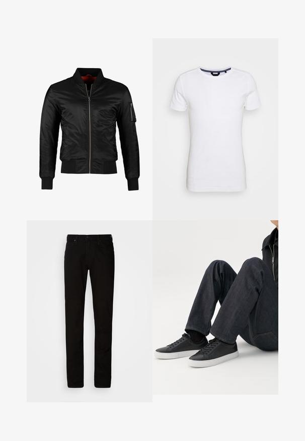 Schwarze Bomberjacke aus glänzendem Nylon mit einem Frontreißverschluss, gerippten Bündchen und einer Reißverschlusstasche am linken Ärmel. Das Innenfutter ist leuchtend rot.; Lindbergh T-Shirt basic - white; Schwarze Baumwollchinos mit schmaler Passform, Knopfverschluss und Fünf-Taschen-Design. Mit Gürtelschlaufen und glatter, einheitlicher Textur.; Person sitzt mit angewinkelten Beinen, trägt dunkelblaue Jeans und schwarze Low-Top-Sneaker mit weißen Sohlen auf weißem Hintergrund.