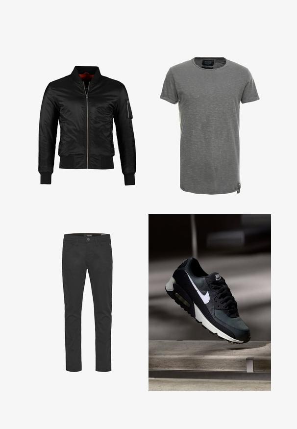 Schwarze Bomberjacke aus glänzendem Nylon mit einem Frontreißverschluss, gerippten Bündchen und einer Reißverschlusstasche am linken Ärmel. Das Innenfutter ist leuchtend rot.; Graues Kurzarm-T-Shirt aus weichem, strukturiertem Stoff. Es hat einen runden Halsausschnitt und ein dezentes meliert Muster, mit einem Markenetikett an der Seite.; Schwarze Baumwollmischungshosen mit schmaler Passform, ausgestattet mit fünf Taschen, einem Knopf und einem Reißverschluss vorne sowie dezenten Nähten.; Schwarzer und grauer Nike Air Max Sneaker mit weißem Swoosh, schwebend über einer Betonfläche vor einem verschwommenen dunklen Hintergrund.