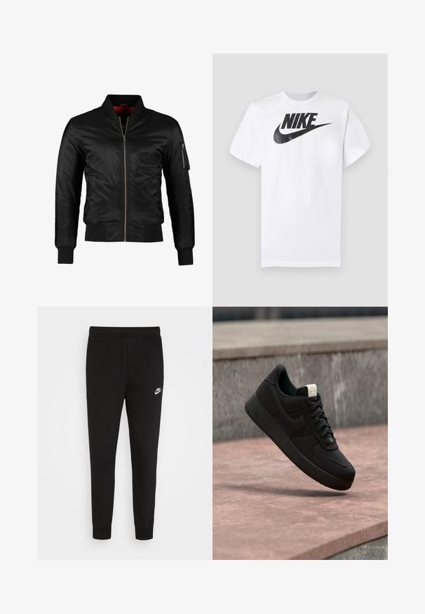 Sort bomberjakke lavet af skinnende nylon med frontlynlås, ribbede manchetter og en lynlåslomme på venstre ærme. Indersiden er lys rød.; Hvid T-shirt med korte ærmer med sort Nike-logo og swoosh centreret på brystet mod en ensfarvet grå baggrund.; Sorte sweatpants lavet af blødt stof med elastisk talje og tætsiddende manchetter, med et lille hvidt Nike-logo på venstre lår.; Sort Nike Air Force 1 sneaker, der svæver over en lyserød betonforkant med en grå stenet baggrund, som viser sidde- og topdetaljer.