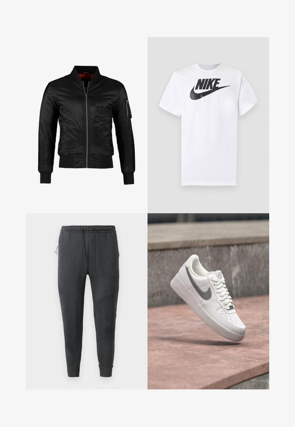 Sort bomberjakke lavet af skinnende nylon med frontlynlås, ribbede manchetter og en lynlåslomme på venstre ærme. Indersiden er lys rød.; Hvid T-shirt med korte ærmer med sort Nike-logo og swoosh centreret på brystet mod en ensfarvet grå baggrund.; Mørkegrå Nike joggerbukser med snøre i taljen, lynlåslomme på siden, afsmalnede ben og ribbede manchetter på en hvid baggrund.; Hvid Nike Air Force 1 sneaker med gråt swoosh-logo svævende over en stensurface og en grå stenvæg i baggrunden.