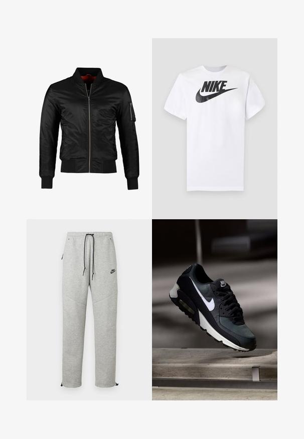 Zwarte bomberjack gemaakt van glanzend nylon met een ritssluiting aan de voorkant, ribgebreide manchetten en een ritszak op de linkermouw. De binnenkant is felrood.; Wit T-shirt met korte mouwen met zwart Nike-logo en swoosh gecentreerd op de borst tegen een effen grijze achtergrond.; Grijze Nike trainingsbroek met een verstelbare tailleband, zijzakken en elastische boorden. Heeft een soepele textuur en contrasterende zwarte logo-details.; Zwart-grijze Nike Air Max sneaker met witte swoosh, zwevend boven een betonnen oppervlak tegen een wazige donkere achtergrond.