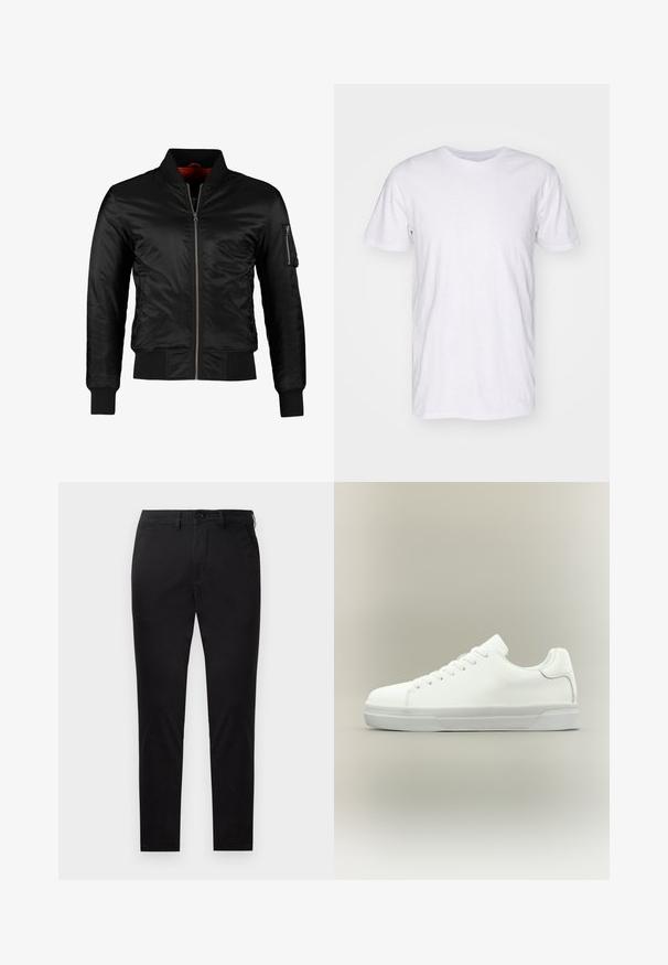 Schwarze Bomberjacke aus glänzendem Nylon mit einem Frontreißverschluss, gerippten Bündchen und einer Reißverschlusstasche am linken Ärmel. Das Innenfutter ist leuchtend rot.; Selected SLHASPEN SLUB TEE - T-Shirt basic - bright white; Schwarze Slim-Fit-Hose mit Knopf- und Reißverschluss, Gürtelschlaufen und ohne sichtbare Taschen, gezeigt vor weißem Hintergrund.; Weißer Sneaker in niedriger Schnittform mit Schnürung vorne, gepolstertem Kragen und strukturiertem Gummisohle, seitlich auf neutralem Hintergrund dargestellt.