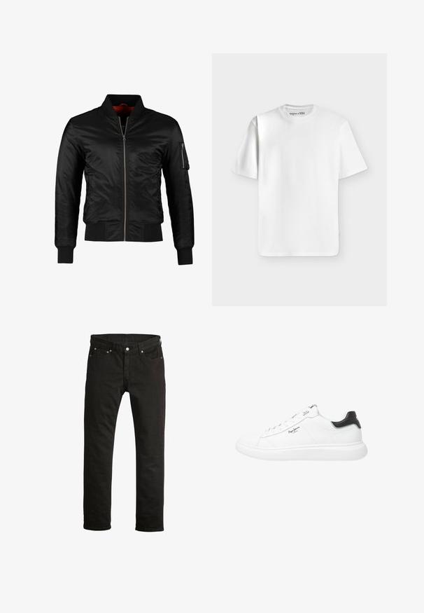 Veste bomber noire en nylon brillant avec une fermeture éclair à l'avant, des poignets côtelés et une poche zippée sur la manche gauche. L'intérieur est de couleur rouge vif.; T-shirt blanc uni à manches courtes et col rond, posé à plat sur un fond gris clair avec une petite étiquette de marque à l’intérieur du col.; Jean en denim noir à coupe droite, design à cinq poches, fermeture par bouton métallique et détails subtils de couture. Texture lisse.; Baskets basses blanches en cuir avec une finition lisse, dotées d'accents noirs au niveau du talon, de lacets ronds et de coutures latérales discrètes.