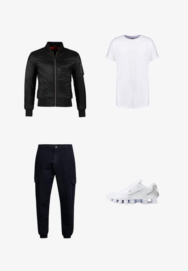 Veste bomber noire en nylon brillant avec une fermeture éclair à l'avant, des poignets côtelés et une poche zippée sur la manche gauche. L'intérieur est de couleur rouge vif.; T-shirt blanc uni à manches courtes avec poignets retroussés et col rond, présenté sur fond blanc.; Urban Classics Pantalon cargo - blue denim; Chaussures de sport blanches avec une tige texturée, un logo Swoosh argenté, des empiècements en mesh et une semelle blanche segmentée distinctive.