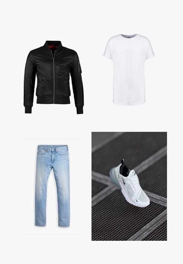 Schwarze Bomberjacke aus glänzendem Nylon mit einem Frontreißverschluss, gerippten Bündchen und einer Reißverschlusstasche am linken Ärmel. Das Innenfutter ist leuchtend rot.; Schlichtes weißes kurzärmeliges T-Shirt mit umgeschlagenen Ärmelbündchen und rundem Halsausschnitt, dargestellt auf weißem Hintergrund.; Hellblaue Denim-Jeans mit geradem Schnitt, fünf Taschen und einer Knopfleiste. Verfügt über subtile Ausbleichungen und orangefarbene Nähte.; Weißer Sportschuh mit perforiertem Mesh-Obermaterial, schwarzen Akzenten, sichtbaren Schnürsenkeln und einer durchsichtigen Luftpolstersohle.