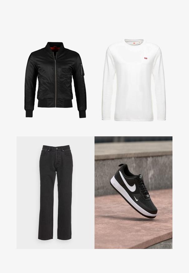 Schwarze Bomberjacke aus glänzendem Nylon mit einem Frontreißverschluss, gerippten Bündchen und einer Reißverschlusstasche am linken Ärmel. Das Innenfutter ist leuchtend rot.; Weißes Langarm-T-Shirt aus Baumwolle mit Rundhalsausschnitt und kleinem roten Levi's-Logo auf der Brust. Schlichtes, klassisches Design.; Schwarze Jeans aus Denim mit geradem Bein, ausgestattet mit einem vorderen Knopfverschluss, Gürtelschlaufen und zwei Seitentaschen. Strukturiertes Material.; Schwarz-weißer Nike Air Force 1 Sneaker, der über einer rosa Betonfläche mit grauem Stein-Hintergrund schwebt.