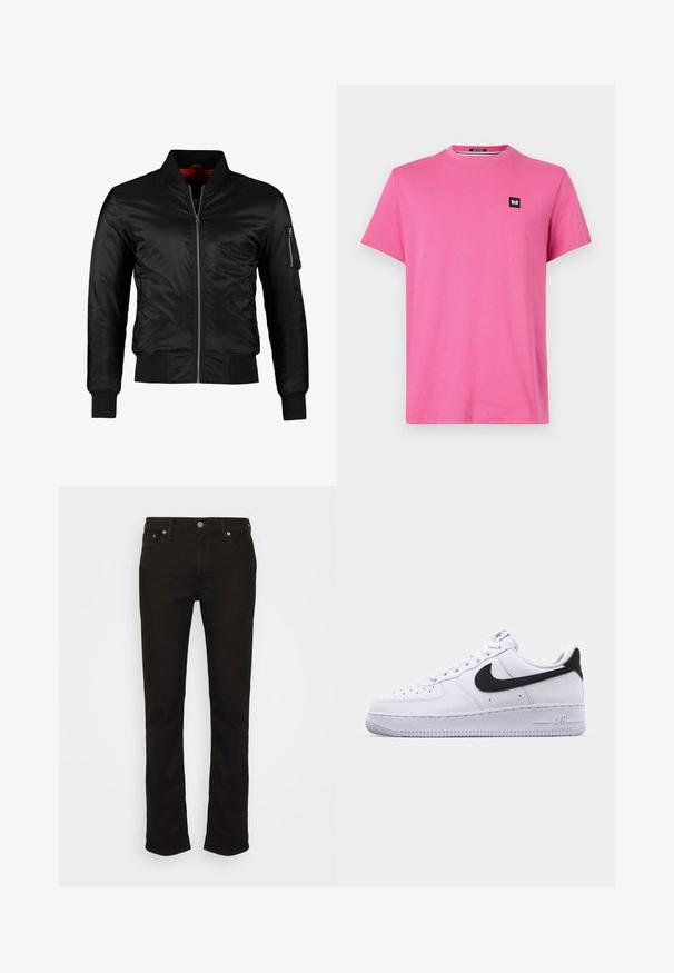 Sort bomberjakke lavet af skinnende nylon med frontlynlås, ribbede manchetter og en lynlåslomme på venstre ærme. Indersiden er lys rød.; Lyserød bomulds t-shirt med korte ærmer, rund halsudskæring og et lille sort logo-patch på brystet. Simpelt design og glat tekstur.; Sorte denim jeans med lige ben, der har et klassisk fem-lomme design, metal knaplukning og diskrete syninger.; Hvide lædersneakers med en struktureret sort Swoosh, flade snørebånd og en gummisål med et rillemønster. "AIR" er præget på hælen.
