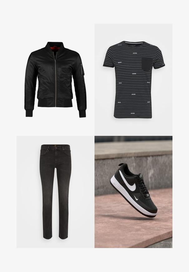 Sort bomberjakke lavet af skinnende nylon med frontlynlås, ribbede manchetter og en lynlåslomme på venstre ærme. Indersiden er lys rød.; Sort kortærmet t-shirt med hvide vandrette striber og lille trykt branding. Har en brystlomme på venstre side.; Slim-fit sorte denim jeans med fem lommer, bæltestropper, knaplukning og subtil forvitring på lår og knæ.; Sort-hvid Nike Air Force 1 sneaker svævende over en lyserød betonflade med en grå stenbaggrund.