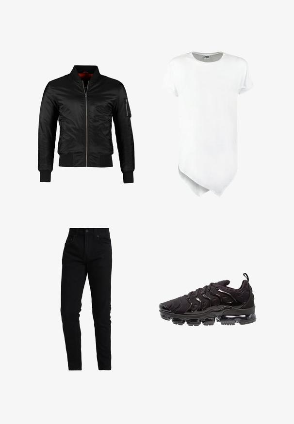 Schwarze Bomberjacke aus glänzendem Nylon mit einem Frontreißverschluss, gerippten Bündchen und einer Reißverschlusstasche am linken Ärmel. Das Innenfutter ist leuchtend rot.; Kurzärmliges weißes T-Shirt mit Rundhalsausschnitt und asymmetrischem Saum, aus einem Baumwollmischgewebe mit glatter Textur.; Schwarze Denim-Jeans im Slim-Fit-Schnitt mit mittelhoher Taille, Fünf-Taschen-Design und dezenten Nähdetails. Glattes, strukturiertes Material.; Schwarze Sportschuhe mit einem strukturierten Obermaterial aus Stoff, glänzenden Akzenten und einer ausgeprägten Luftpolstersohle. Verfügt über auffällige wellenartige Designelemente.