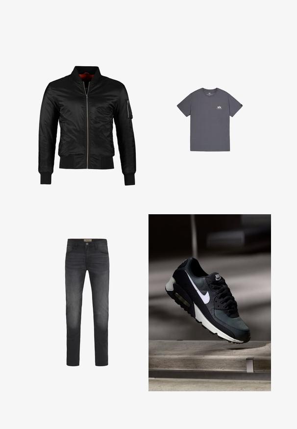 Schwarze Bomberjacke aus glänzendem Nylon mit einem Frontreißverschluss, gerippten Bündchen und einer Reißverschlusstasche am linken Ärmel. Das Innenfutter ist leuchtend rot.; Graues Baumwoll-T-Shirt mit kurzen Ärmeln, rundem Ausschnitt und einem kleinen Logo auf der Brust. Glatte Textur, lässige Passform.; Dunkelblaue Jeans mit Slim-Fit-Schnitt, Knopfverschluss, fünf Taschen und einem leichten Ausbleichungseffekt an den Oberschenkeln.; Schwarzer und grauer Nike Air Max Sneaker mit weißem Swoosh, schwebend über einer Betonfläche vor einem verschwommenen dunklen Hintergrund.