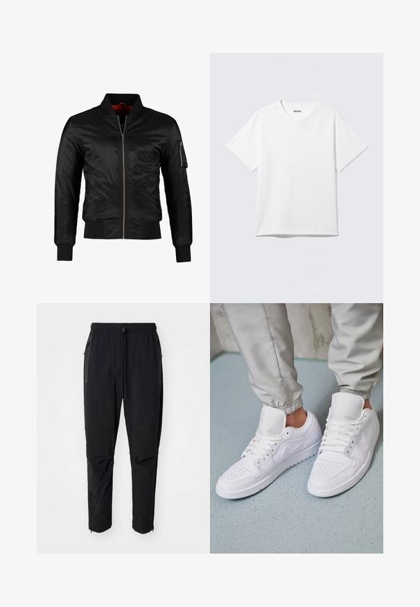 Schwarze Bomberjacke aus glänzendem Nylon mit einem Frontreißverschluss, gerippten Bündchen und einer Reißverschlusstasche am linken Ärmel. Das Innenfutter ist leuchtend rot.; Weißes T-Shirt mit kurzen Ärmeln und Rundhalsausschnitt, flach liegend, schlichtes Design, mit „WEEKDAY“-Etikett innen im Kragen auf hellem Hintergrund.; Schwarze, leichte outdoor Hosen mit elastischem Bund und verstellbarem Zugschnur. Ausgestattet mit Reißverschlusstaschen und tapered Bündchen.; Weiße Ledersneaker mit perforierter Zehenbox, flachen Schnürsenkeln, gepolstertem Kragen und dem Jordan-Logo auf der Zunge. Getragen mit grauen Jogginghosen.