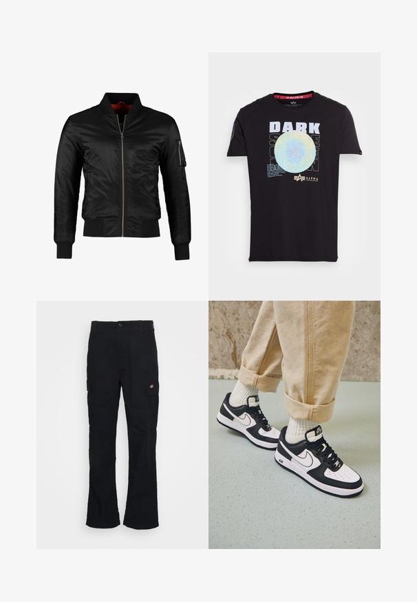 Schwarze Bomberjacke aus glänzendem Nylon mit einem Frontreißverschluss, gerippten Bündchen und einer Reißverschlusstasche am linken Ärmel. Das Innenfutter ist leuchtend rot.; Schwarzes Baumwoll-T-Shirt mit fettem weißen Schriftzug "DARK SIDE OF THE MOON" und einem bunten, kreisförmigen Design. Kurze Ärmel und Rundhalsausschnitt.; Schwarze Cargo-Hose mit geradem Bein, aus strapazierfähigem Stoff gefertigt, mit Seitentaschen und einem aufgenähten Logo auf der linken Seite.; Schwarz-weiße Nike Air Force 1 Sneaker mit einem Obermaterial aus Leder, perforierter Zehenpartie und strukturiertem Sohlendesign, getragen mit aufgerollten beigen Hosen und weißen Socken.
