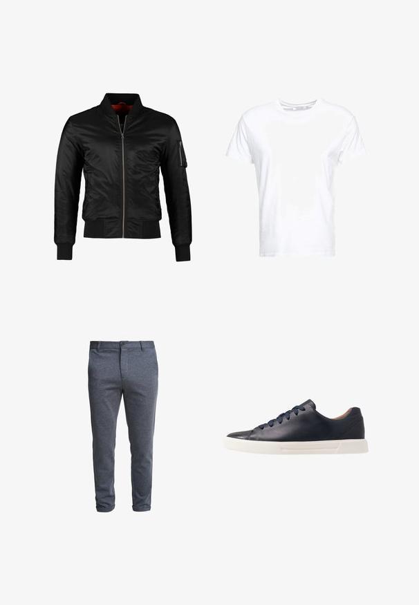 Veste bomber noire en nylon brillant avec une fermeture éclair à l'avant, des poignets côtelés et une poche zippée sur la manche gauche. L'intérieur est de couleur rouge vif.; T-shirt en coton blanc avec un col rond et des manches courtes, au fit classique et à la texture lisse. Aucun motif ni accessoire visible.; Pantalon ajusté gris foncé pour homme avec fermeture à boutons et passants pour ceinture, présenté sur un fond blanc.; Baskets en cuir bleu marine avec une finition lisse, semelle en caoutchouc blanc plat, bout arrondi et six lacets bleu marine passés à travers des œillets ronds.