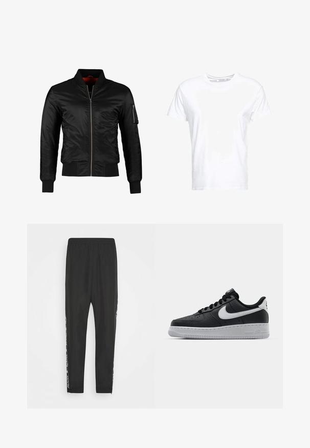 Veste bomber noire en nylon brillant avec une fermeture éclair à l'avant, des poignets côtelés et une poche zippée sur la manche gauche. L'intérieur est de couleur rouge vif.; T-shirt en coton blanc avec un col rond et des manches courtes, au fit classique et à la texture lisse. Aucun motif ni accessoire visible.; Pantalons de sport noirs avec une taille élastique, jambes fuselées et bandes latérales contrastantes avec un design graphique. Texture lisse, tissu léger.; Baskets en cuir noir avec surface texturée, swoosh Nike blanc, semelle grise, bout rond et design à lacets. Comprend des perforations sur la boîte à orteils.
