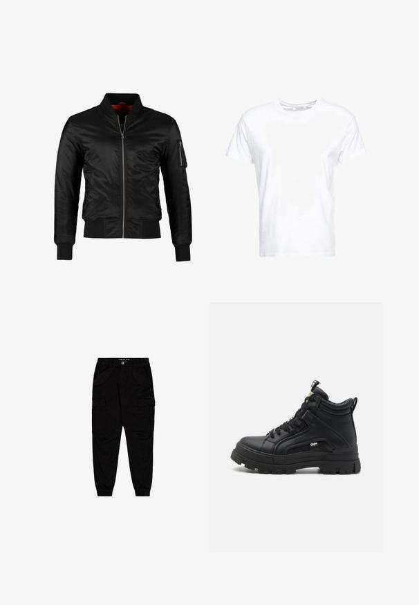 Schwarze Bomberjacke aus glänzendem Nylon mit einem Frontreißverschluss, gerippten Bündchen und einer Reißverschlusstasche am linken Ärmel. Das Innenfutter ist leuchtend rot.; Weißes Baumwoll-T-Shirt mit rundem Ausschnitt und kurzen Ärmeln, im klassischen Schnitt und mit glatter Textur. Keine sichtbaren Muster oder Hardware.; Schwarze Cargo-Hosen aus Baumwolle, ausgestattet mit zwei Fronttaschen und zwei seitlichen Cargo-Taschen, mit elastischen Bündchen und einem elastischen Bund.; Schwarze hoch geschnittene Schuhe aus strukturiertem Leder, mit einer dicken Gummisohle, Schnürung vorne und einem kleinen Logodetail an der Seite.