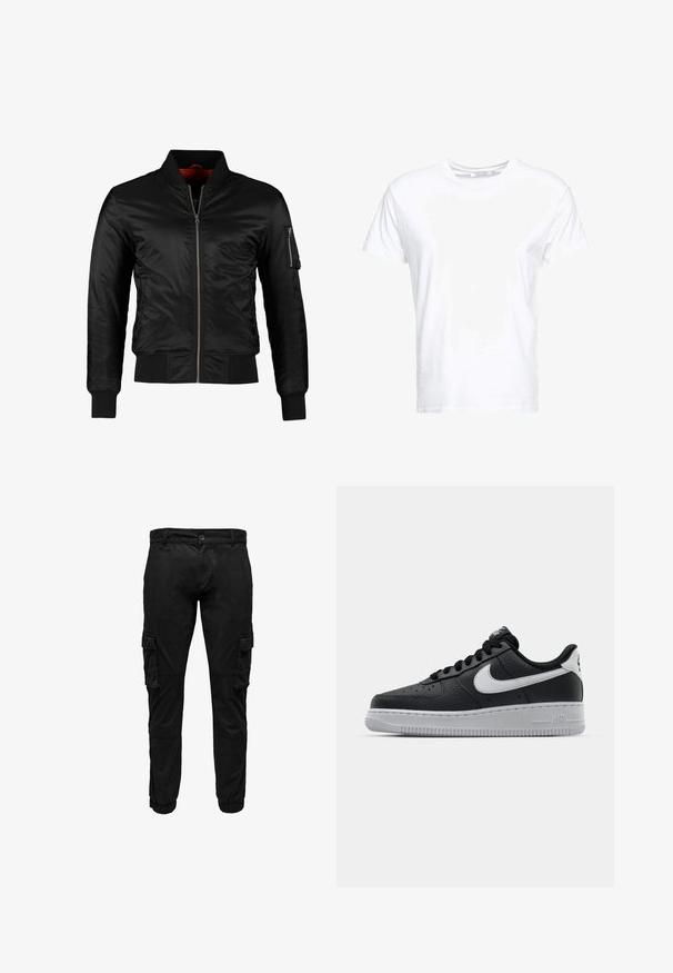 Veste bomber noire en nylon brillant avec une fermeture éclair à l'avant, des poignets côtelés et une poche zippée sur la manche gauche. L'intérieur est de couleur rouge vif.; T-shirt en coton blanc avec un col rond et des manches courtes, au fit classique et à la texture lisse. Aucun motif ni accessoire visible.; Pantalon cargo noir avec poches à rabat latérales, poignets élastiques, fermeture frontale par bouton et fermeture éclair.; Baskets en cuir noir avec surface texturée, swoosh Nike blanc, semelle grise, bout rond et design à lacets. Comprend des perforations sur la boîte à orteils.