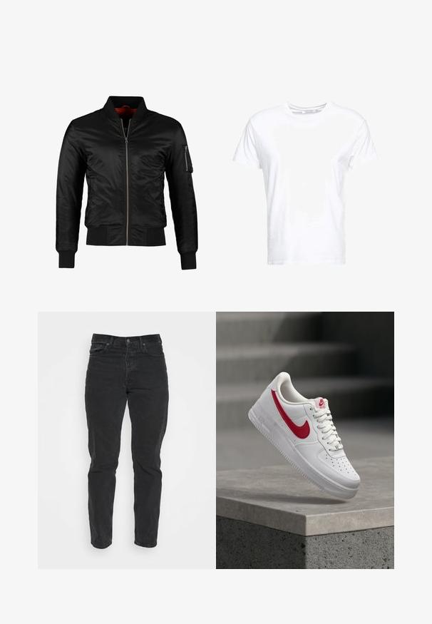 Sort bomberjakke lavet af skinnende nylon med frontlynlås, ribbede manchetter og en lynlåslomme på venstre ærme. Indersiden er lys rød.; Hvid bomulds t-shirt med rund halsudskæring og korte ærmer, i en klassisk pasform og glat tekstur. Ingen mønstre eller hardware synlige.; Sorte denimjeans med lige pasform, fem lommer, frontlukning med knap og kontrastsyninger. Glat tekstur med let slid synligt.; Hvid Nike Air Force 1 sneaker med rødt swoosh-logo svæver over en betonafdækning og trapper i baggrunden.