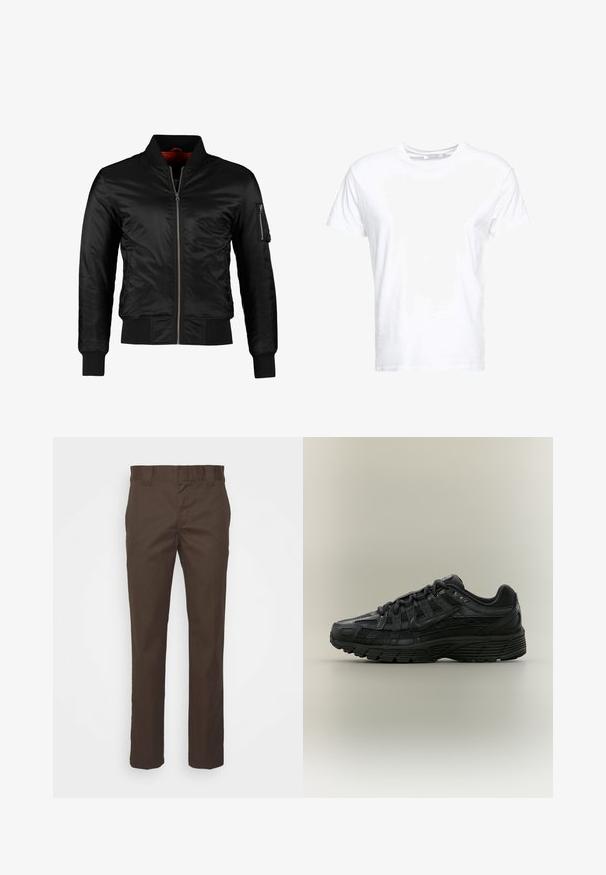 Veste bomber noire en nylon brillant avec une fermeture éclair à l'avant, des poignets côtelés et une poche zippée sur la manche gauche. L'intérieur est de couleur rouge vif.; T-shirt en coton blanc avec un col rond et des manches courtes, au fit classique et à la texture lisse. Aucun motif ni accessoire visible.; Pantalons marron en tissu résistant, avec une coupe droite, une taille standard et des poches latérales pour plus de fonctionnalité.; Chaussure de course Nike noire avec tige en mesh et synthétique, fermeture à lacets et semelle texturée, vue de côté gauche sur fond uni.