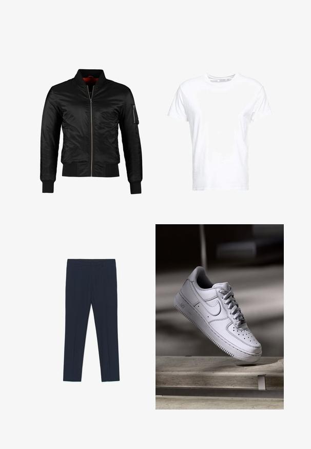 Chaqueta bomber negra hecha de nylon brillante con cierre frontal, puños acanalados y un bolsillo con cremallera en la manga izquierda. El interior es de un rojo brillante.; Camiseta de algodón blanca con cuello redondo y mangas cortas, con un corte clásico y una textura suave. Sin patrones ni elementos metálicos visibles.; Pantalones formales azul marino con un diseño entallado, textura suave y dos bolsillos delanteros, con líneas limpias y un corte recto.; Zapatilla Nike Air Force 1 de cuero blanco que presenta una puntera perforada, cordones planos y una suela de goma texturizada con la marca "AIR" en el lateral.