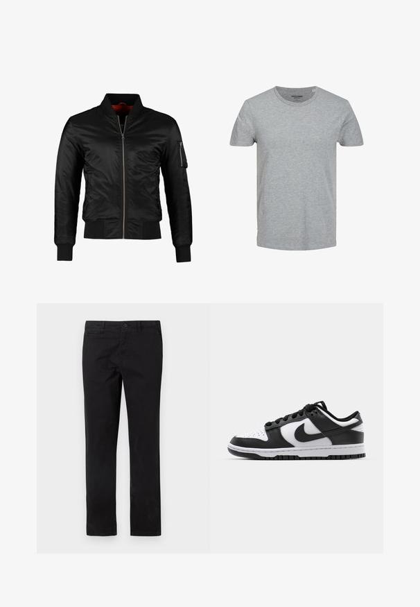 Sort bomberjakke lavet af skinnende nylon med frontlynlås, ribbede manchetter og en lynlåslomme på venstre ærme. Indersiden er lys rød.; Grå kortærmet T-shirt lavet af blød bomuld. Har en klassisk rund halsudskæring og en regulær pasform. Enkel design uden mønstre eller detaljer.; Sorte chinos i bomuld med et lige ben-design, der har lukning med knap og forlommer, glat tekstur og minimale syningsdetaljer.; Sort og hvid Nike Dunk sneakers med læderoverdel, perforeret tå, sorte snørebånd og en sort gummisål med slidbanedesign.