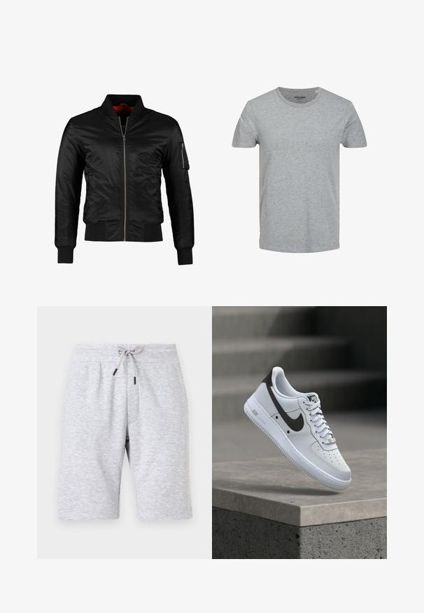 Veste bomber noire en nylon brillant avec une fermeture éclair à l'avant, des poignets côtelés et une poche zippée sur la manche gauche. L'intérieur est de couleur rouge vif.; T-shirt gris à manches courtes en coton doux. Doté d'un col ras du cou classique et d'une coupe régulière. Design simple sans motifs ni accents.; Shorts en coton gris clair longueur genou avec ceinture élastique et cordon de serrage à l'avant noué en nœud, présenté de face sur un fond uni.; Baskets blanches Nike Air Force 1 avec logo Swoosh noir, flottant au-dessus d'un rebord en béton avec des escaliers flous en arrière-plan.