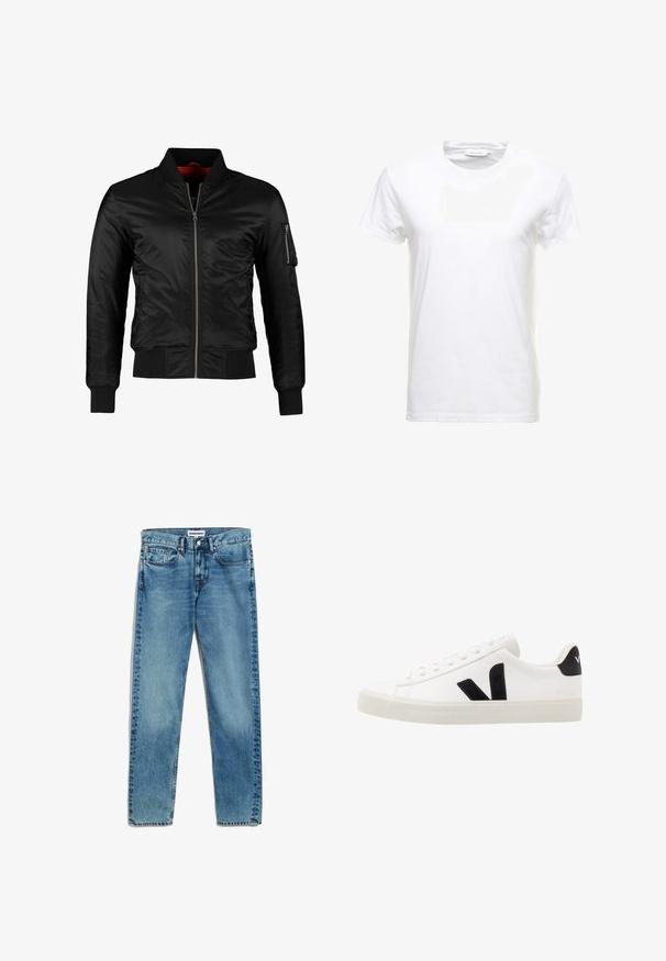 Zwarte bomberjack gemaakt van glanzend nylon met een ritssluiting aan de voorkant, ribgebreide manchetten en een ritszak op de linkermouw. De binnenkant is felrood.; Witte katoenen T-shirt met korte mouwen, ronde halsontwerp en een gladde textuur. Label zichtbaar bij de halslijn. Eenvoudige en klassieke stijl.; Lichtblauwe spijkerbroek met een rechte snit, voorzien van vijf zakken, een ritsluiting en subtiele vervaging op de stof. Metaal knoopsluiting.; Witte leren sneaker met zwarte suède accenten; voorzien van een rubberen zool, ronde neus en een klassieke vetersluiting. Zijkant met logo in het zwart.