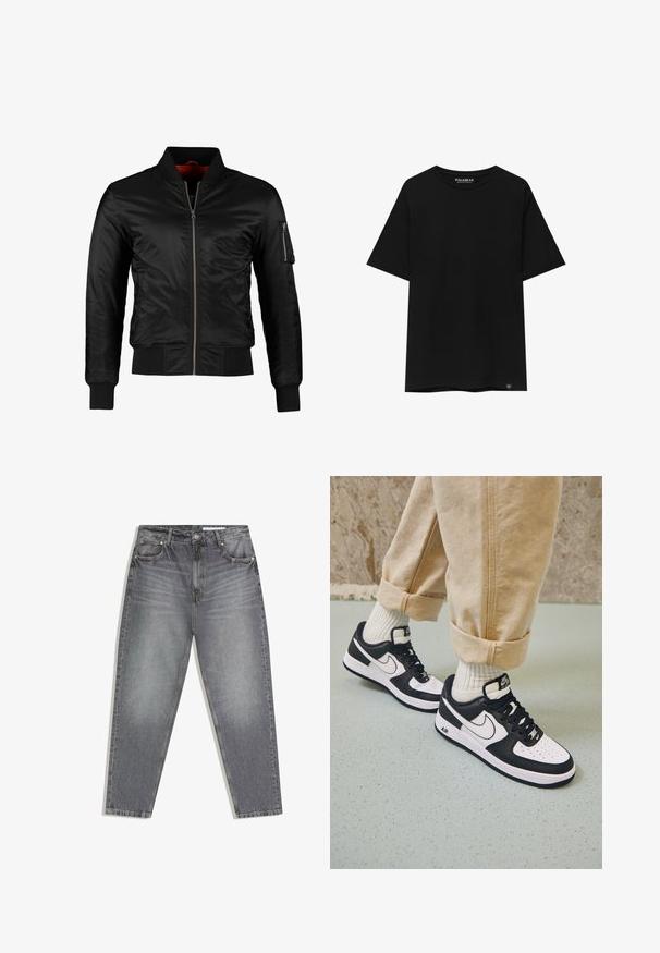 Veste bomber noire en nylon brillant avec une fermeture éclair à l'avant, des poignets côtelés et une poche zippée sur la manche gauche. L'intérieur est de couleur rouge vif.; T-shirt noir à manches courtes en coton, avec un col ras du cou et une petite étiquette de marque en bas à gauche.; Jean denim gris taille haute avec détails décolorés, cinq poches, fermeture par bouton et fermeture éclair.; Baskets Nike Air Force 1 en noir et blanc avec un dessus en cuir, orteil perforé et détail de semelle texturée, portées avec un pantalon beige retroussé et des chaussettes blanches.