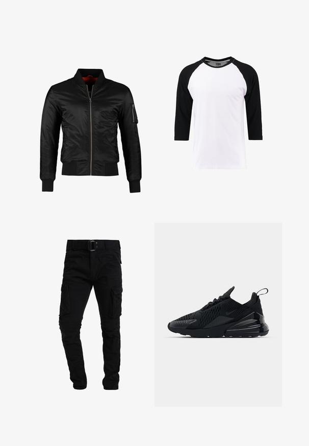 Schwarze Bomberjacke aus glänzendem Nylon mit einem Frontreißverschluss, gerippten Bündchen und einer Reißverschlusstasche am linken Ärmel. Das Innenfutter ist leuchtend rot.; Weißes T-Shirt mit kurzen Ärmeln und schwarzen Raglanärmeln, aus Baumwolle, mit Rundhalsausschnitt und einer glatten Oberfläche.; Schwarze Cargo-Hose mit Gürtel, die mehrere Seitentaschen, eine schlanke Passform und einen strukturierten Stoff aufweist. Das Design betont Funktionalität und Langlebigkeit.; Schwarzer Nike Air Max 270 Sneaker mit strukturiertem Obermaterial, Mesh-Einsätzen und einer glänzenden Ferse mit einer auffälligen Luftpolsterungseinheit.