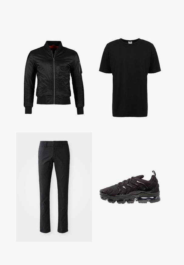 Chaqueta bomber negra hecha de nylon brillante con cierre frontal, puños acanalados y un bolsillo con cremallera en la manga izquierda. El interior es de un rojo brillante.; Camiseta de algodón negra de cuello redondo con mangas cortas, corte estándar, textura suave y sin patrones o acentos visibles.; Pantalones rectos negros hechos de una tela suave con cierre de un solo botón y presillas para cinturón. Diseño minimalista sin patrones visibles.; Zapatillas deportivas negras con una parte superior de tela texturizada, acentos brillantes y una suela prominente con amortiguación de aire. Presenta elementos de diseño en forma de onda distintivos.