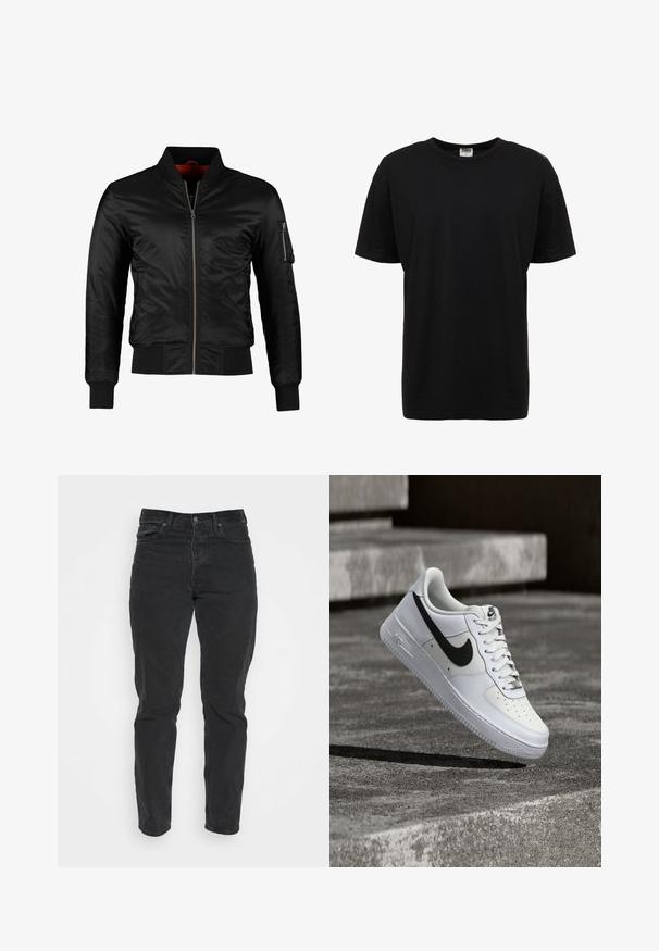 Schwarze Bomberjacke aus glänzendem Nylon mit einem Frontreißverschluss, gerippten Bündchen und einer Reißverschlusstasche am linken Ärmel. Das Innenfutter ist leuchtend rot.; Schwarzes Baumwoll-T-Shirt mit Rundhalsausschnitt, kurzen Ärmeln, normaler Passform, glatter Textur und ohne sichtbare Muster oder Akzente.; Schwarze Denim-Jeans mit geradem Schnitt, fünf Taschen, vorderem Knopfverschluss und kontrastierenden Nähten. Glatte Textur mit leichten Gebrauchsspuren.; Weißer Nike Air Force 1 Sneaker mit schwarzem Swoosh, geschnürten Schnürsenkeln, schwebend in der Luft über einer strukturierten Betonoberfläche im Freien.