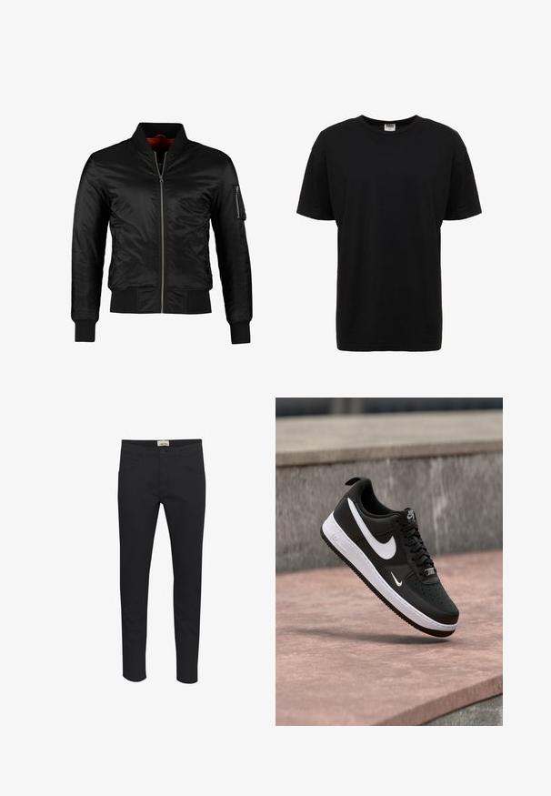 Veste bomber noire en nylon brillant avec une fermeture éclair à l'avant, des poignets côtelés et une poche zippée sur la manche gauche. L'intérieur est de couleur rouge vif.; T-shirt en coton noir à col rond avec des manches courtes, coupe standard, texture lisse, et sans motifs ni accents visibles.; Pantalon noir en tissu solide, avec une coupe standard, un design à cinq poches et une fermeture à bouton. Élégant et polyvalent.; Baskets Nike Air Force 1 noir et blanc suspendues au-dessus d'une surface en béton rose avec un fond en pierre grise.