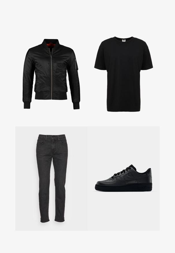 Schwarze Bomberjacke aus glänzendem Nylon mit einem Frontreißverschluss, gerippten Bündchen und einer Reißverschlusstasche am linken Ärmel. Das Innenfutter ist leuchtend rot.; Schwarzes Baumwoll-T-Shirt mit Rundhalsausschnitt, kurzen Ärmeln, normaler Passform, glatter Textur und ohne sichtbare Muster oder Akzente.; Schwarze Denim-Jeans mit schlankem Schnitt, ausgestattet mit fünf Taschen, Gürtelschlaufen und subtilen Stitching-Details. Abgenutzte Textur entlang des Stoffes.; Schwarzer Nike Air Force 1 Schuh mit einem glatten Lederoberteil, perforierter Zehenpartie für Atmungsaktivität, schwarzen Schnürsenkeln und einer strukturierten Gummisohle.
