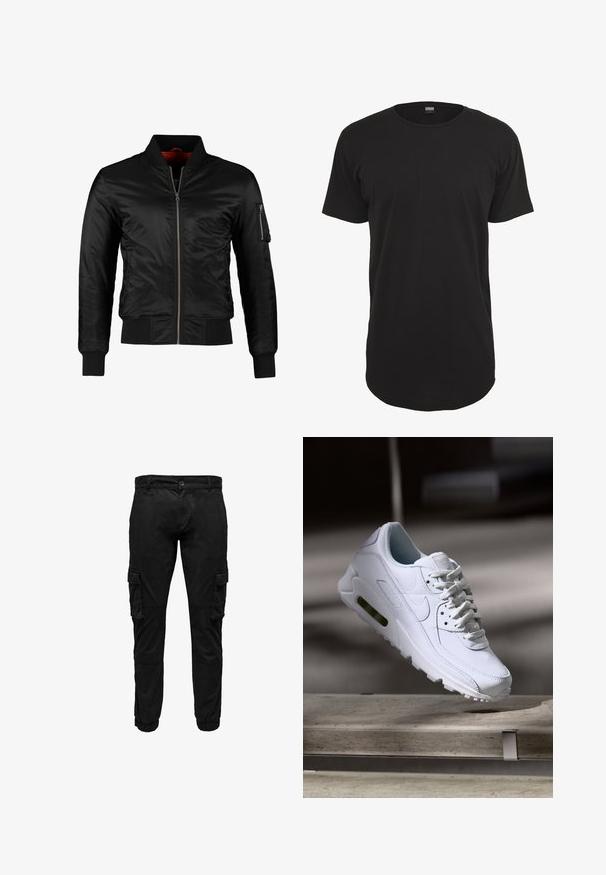 Veste bomber noire en nylon brillant avec une fermeture éclair à l'avant, des poignets côtelés et une poche zippée sur la manche gauche. L'intérieur est de couleur rouge vif.; T-shirt noir à manches courtes en coton. Présente un col rond et une coupe droite avec un ourlet arrière légèrement plus long. Texture douce.; Pantalon cargo noir avec poches à rabat latérales, poignets élastiques, fermeture frontale par bouton et fermeture éclair.; Baskets blanches en cuir avec des surfaces texturées, un col rembourré et un amorti d'air visible dans la semelle. Elles possèdent des lacets et un design minimaliste.