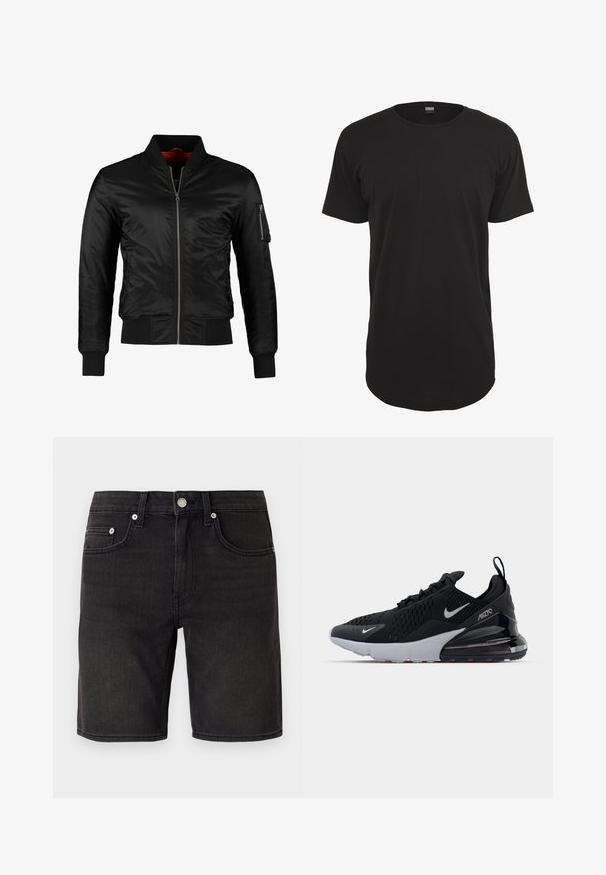 Veste bomber noire en nylon brillant avec une fermeture éclair à l'avant, des poignets côtelés et une poche zippée sur la manche gauche. L'intérieur est de couleur rouge vif.; T-shirt noir à manches courtes en coton. Présente un col rond et une coupe droite avec un ourlet arrière légèrement plus long. Texture douce.; Shorts en denim noir avec un design classique à cinq poches, bouton en métal et détails de couture subtils. Texture lisse, coupe à la longueur du genou.; Chaussure de sport noire avec tige en mesh, semelle intermédiaire blanche et amorti visible dans le talon. Design élégant avec de subtils accents argentés.