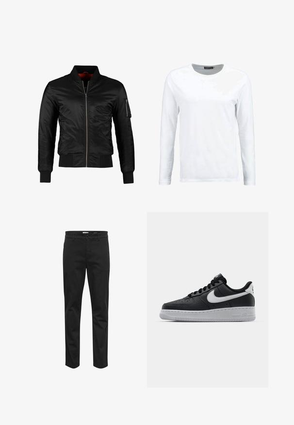 Veste bomber noire en nylon brillant avec une fermeture éclair à l'avant, des poignets côtelés et une poche zippée sur la manche gauche. L'intérieur est de couleur rouge vif.; T-shirt blanc à manches longues en coton, avec un col rond et une texture lisse. Sans motifs ni accents. Design simple.; Chinos en coton noirs avec une coupe droite, dotés d'une fermeture à bouton sur le devant, de passants de ceinture et de poches latérales pour plus de fonctionnalité.; Baskets en cuir noir avec surface texturée, swoosh Nike blanc, semelle grise, bout rond et design à lacets. Comprend des perforations sur la boîte à orteils.