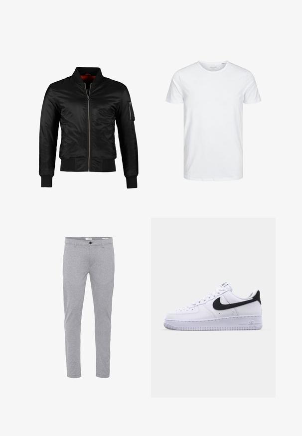 Veste bomber noire en nylon brillant avec une fermeture éclair à l'avant, des poignets côtelés et une poche zippée sur la manche gauche. L'intérieur est de couleur rouge vif.; T-shirt à col rond à manches courtes de couleur blanche unie, fabriqué en coton doux, avec un design simple sans motifs ni accents visibles.; Pantalon slim gris clair avec fermeture par bouton et zip à l'avant, poches avant et passants pour ceinture.; Sneaker en cuir blanc avec un Swoosh noir texturé, des lacets plats et une semelle en caoutchouc avec un motif strié. "AIR" est embossé sur le talon.
