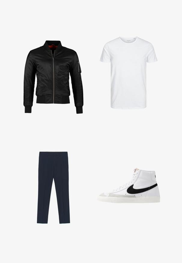 Sort bomberjakke lavet af skinnende nylon med frontlynlås, ribbede manchetter og en lynlåslomme på venstre ærme. Indersiden er lys rød.; Rundhals kortærmet t-shirt i ensfarvet hvid, lavet af blød bomuld, har et simpelt design uden synlige mønstre eller detaljer.; Marineblå formelle bukser med skræddersyet design, en glat tekstur og to forlommer, med rene linjer og en lige pasform.; Hvide høje sneakers med et sort swoosh, struktureret grå tåhætte og flad hvid sål. Har seks snørrehuller og syede detaljer.