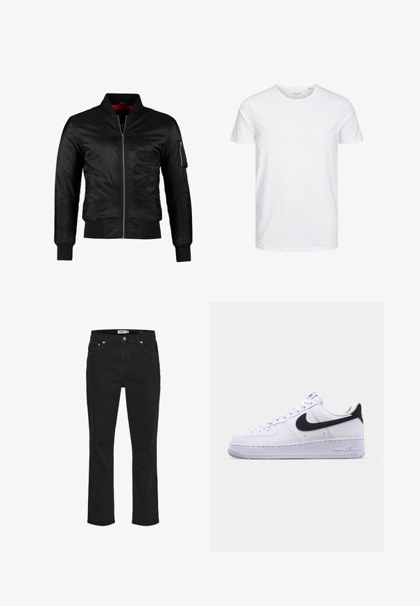 Chaqueta bomber negra hecha de nylon brillante con cierre frontal, puños acanalados y un bolsillo con cremallera en la manga izquierda. El interior es de un rojo brillante.; Camiseta de manga corta y cuello redondo en blanco sólido, fabricada en algodón suave, presenta un diseño simple sin patrones ni acentos visibles.; Vaqueros negros de corte recto con botón de metal y remaches, con bolsillos delanteros y traseros, mostrados sobre un fondo blanco.; Zapatilla blanca de cuero con un Swoosh negro texturizado, cordones planos y una suela de goma con un patrón estriado. "AIR" está grabado en el talón.