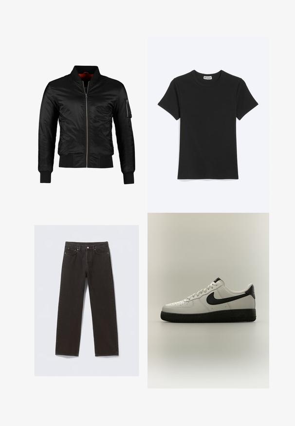 Sort bomberjakke lavet af skinnende nylon med frontlynlås, ribbede manchetter og en lynlåslomme på venstre ærme. Indersiden er lys rød.; Enkel sort t-shirt med korte ærmer og rund hals med et Weekday-mærke inde i kraven, vist på en hvid baggrund.; Svarte denimjeans med straight-leg design, fem lommer og kobberfarvet syning. Glat tekstur, klassisk knaplukning i taljen.; Lav-skoet hvid sneaker med sort Nike-swoosh, sort hælstrop og tyk sort sål på en neutral baggrund.