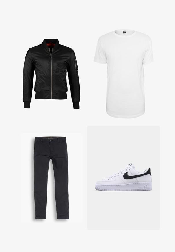 Chaqueta bomber negra hecha de nylon brillante con cierre frontal, puños acanalados y un bolsillo con cremallera en la manga izquierda. El interior es de un rojo brillante.; Camiseta blanca de manga corta hecha de algodón, con un cuello redondo clásico, un corte relajado y sin patrones ni logotipos visibles.; Pantalones chinos negros de algodón. Presentan un diseño de pernera estándar, bolsillos frontales y un cierre de botón con una textura suave.; Zapatilla blanca de cuero con un Swoosh negro texturizado, cordones planos y una suela de goma con un patrón estriado. "AIR" está grabado en el talón.