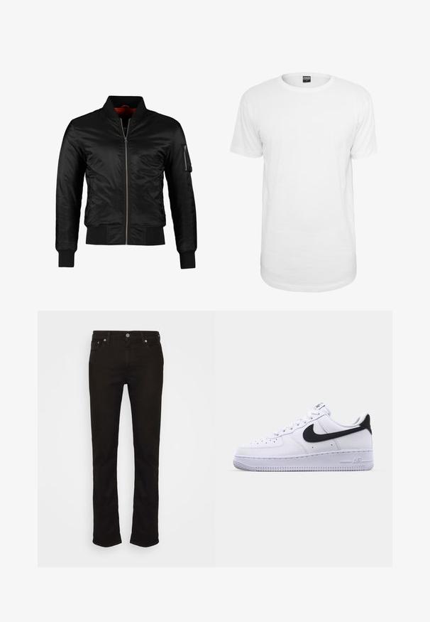 Veste bomber noire en nylon brillant avec une fermeture éclair à l'avant, des poignets côtelés et une poche zippée sur la manche gauche. L'intérieur est de couleur rouge vif.; T-shirt blanc à manches courtes en coton, avec un col rond classique, une coupe décontractée et sans motifs ni logos visibles.; Jean en denim noir avec une coupe droite, présentant un design classique à cinq poches, une fermeture à bouton en métal et des détails de couture subtils.; Sneaker en cuir blanc avec un Swoosh noir texturé, des lacets plats et une semelle en caoutchouc avec un motif strié. "AIR" est embossé sur le talon.