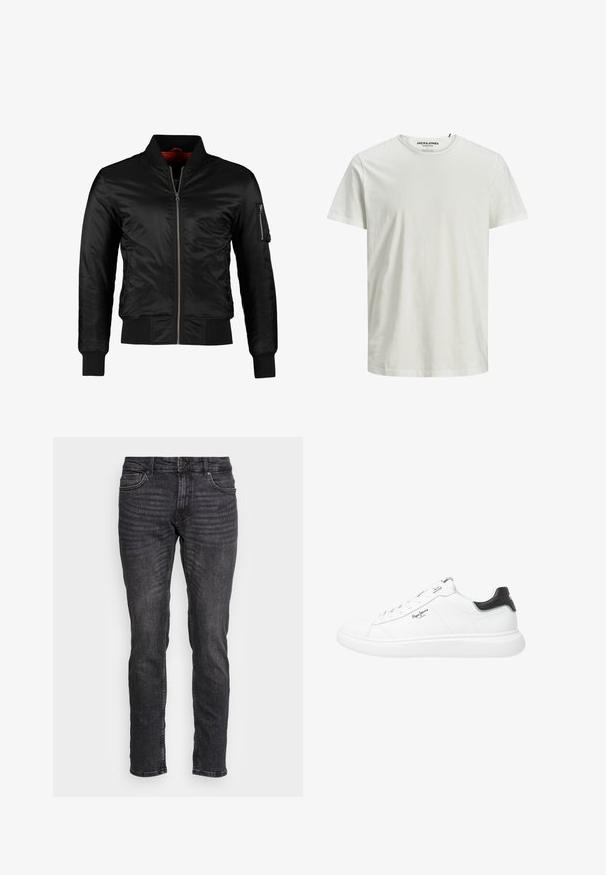 Veste bomber noire en nylon brillant avec une fermeture éclair à l'avant, des poignets côtelés et une poche zippée sur la manche gauche. L'intérieur est de couleur rouge vif.; T-shirt blanc à manches courtes en coton biologique. Il présente un col rond et une coupe décontractée, avec une texture simple et lisse.; Jeans en denim noir au fit droit, légèrement délavés, avec cinq poches, un bouton en métal et une fermeture éclair. L'ourlet est propre et brut.; Baskets basses blanches en cuir avec une finition lisse, dotées d'accents noirs au niveau du talon, de lacets ronds et de coutures latérales discrètes.