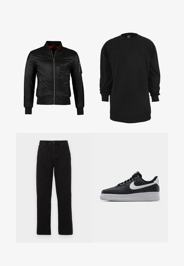 Veste bomber noire en nylon brillant avec une fermeture éclair à l'avant, des poignets côtelés et une poche zippée sur la manche gauche. L'intérieur est de couleur rouge vif.; T-shirt noir à manches longues en coton. Doté d'un col rond et d'une coupe régulière. Textile lisse sans motifs ni accents visibles.; Jeans en denim noir avec une coupe droite, dotés d'une fermeture à bouton, de passants de ceinture et d'un style à cinq poches classique.; Baskets en cuir noir avec surface texturée, swoosh Nike blanc, semelle grise, bout rond et design à lacets. Comprend des perforations sur la boîte à orteils.
