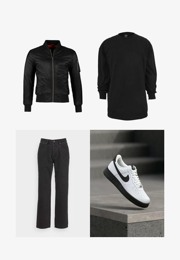 Chaqueta bomber negra hecha de nylon brillante con cierre frontal, puños acanalados y un bolsillo con cremallera en la manga izquierda. El interior es de un rojo brillante.; Camiseta de manga larga negra hecha de algodón. Cuenta con un cuello redondo y un corte regular. Textura suave sin patrones ni acentos visibles.; Jeans de denim negro con un diseño de pierna recta, que cuentan con un cierre de botón frontal, lazos para cinturón y dos bolsillos laterales. Tejido texturizado.; Zapatilla deportiva de cuero blanco con detalles en negro, punta redondeada y detalles perforados. Suela de goma negra con patrón texturizado y cierre de cordones.