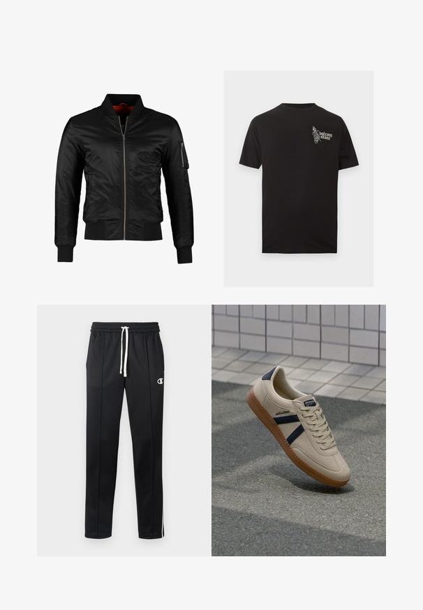 Chaqueta bomber negra hecha de nylon brillante con cierre frontal, puños acanalados y un bolsillo con cremallera en la manga izquierda. El interior es de un rojo brillante.; Camiseta negra de manga corta con pequeño texto blanco "volcom stone" y gráfico geométrico de mano en el pecho superior izquierdo.; Pantalones deportivos negros con cordón blanco, rayas laterales, bolsillos frontales y un pequeño logo blanco de Champion en el muslo izquierdo.; Zapatilla beige con acabado texturizado, rayas azul marino y suela de goma. Presenta una lengüeta acolchada y un sistema de cordones tradicional para un ajuste seguro.