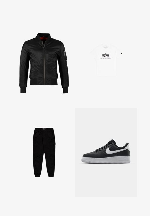 Sort bomberjakke lavet af skinnende nylon med frontlynlås, ribbede manchetter og en lynlåslomme på venstre ærme. Indersiden er lys rød.; Hvid bomulds t-shirt med korte ærmer, forsynet med et sort trykt logo "ALPHA INDUSTRIES" og et stiliseret trekantsdesign.; Sorte cargobukser lavet af bomuld, med to forlommer og to side cargolommer, samt elastiske manchetter og talje.; Sort lædersneaker med tekstureret overflade, hvid Nike swoosh, grå sål, rund tå og snørebåndsdesign. Har perforeringer på tåboksen.