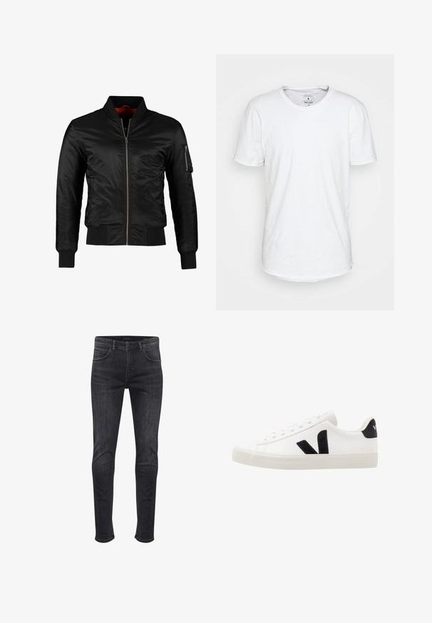 Schwarze Bomberjacke aus glänzendem Nylon mit einem Frontreißverschluss, gerippten Bündchen und einer Reißverschlusstasche am linken Ärmel. Das Innenfutter ist leuchtend rot.; Weißes T-Shirt mit kurzen Ärmeln aus Baumwolle und klassischem Rundhalsausschnitt. Verfügt über einen leicht abgerundeten Saum und minimale Nähdetails.; Hoch sitzende Skinny-Jeans aus dunkelgrauem Denim, mit seitlichen und hinteren Taschen, einem vorderen Knopfverschluss und dezenten Ausbleichdetails.; Weiße Leder-Sneaker mit schwarzen Wildlederelementen; verfügen über eine Gummisohle, eine runde Spitze und ein klassisches Schnürdesign. Seitliches Logo in Schwarz.